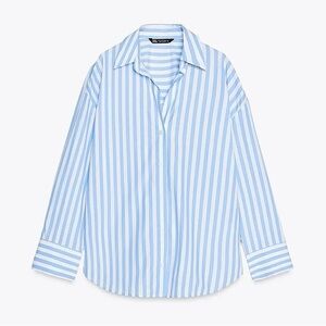 ZARA COTTON STRIPE V NECK BUTTON DOWN SHIRT COASTAL BEACH Blue White L